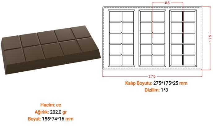Polikarbon Çikolata Kalıbı Dubai Tablet 3 lü | Profesyonel Polikarbon Çikolata Kalıbı