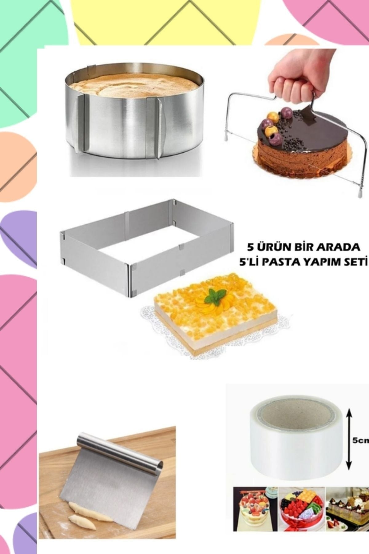 5'li Pasta Kek Yapım Seti Kare Ve Yuvarlak Kalıbı Kek Testeresi Pasta Sıvama Şeffaf Yan Dekor Set