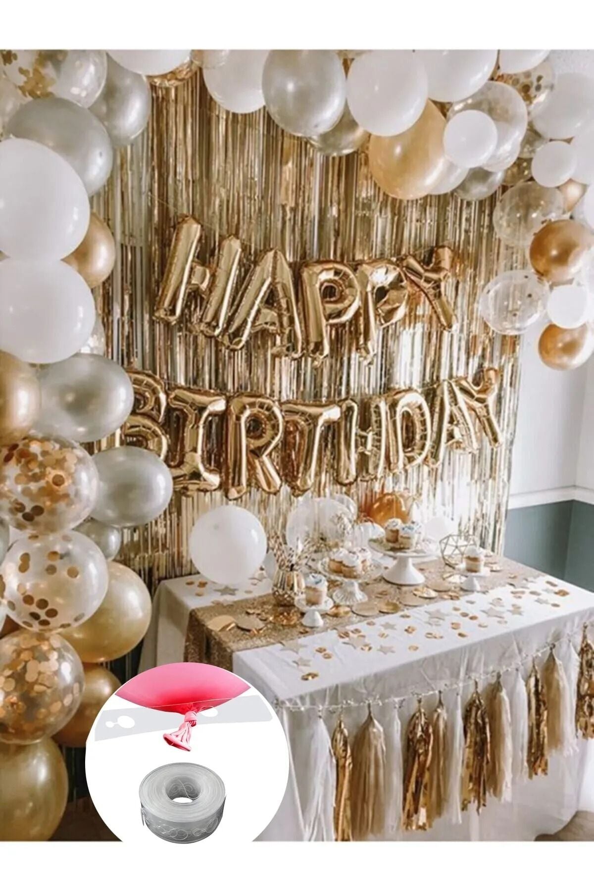 Gold Happy Birthday Yetişkin Parti Set Gold Beyaz Gri Metalik Balon Zincir