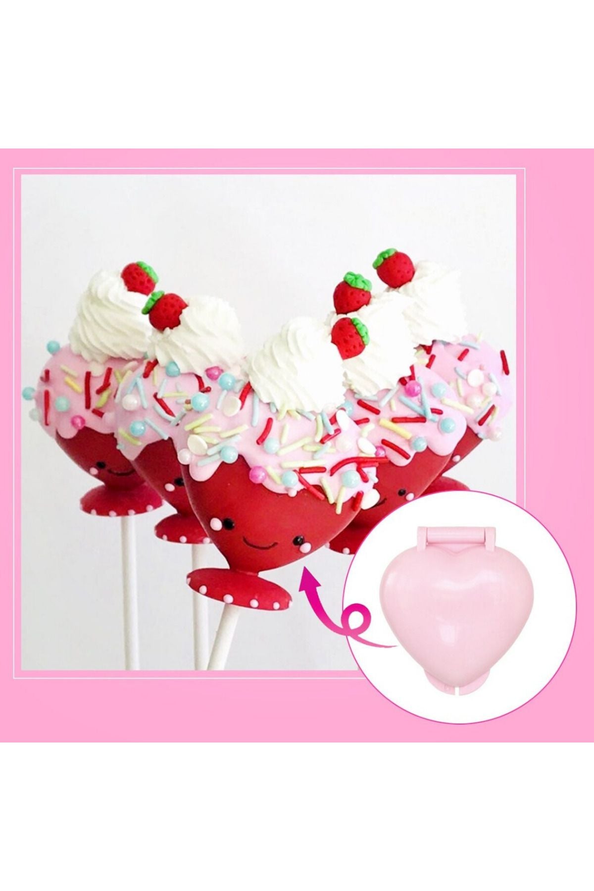Kalp Lolipop Kek Yapım Seti 101li Cake Pops Kalıbı Lolipop Pembe Çubuk Çubuğu