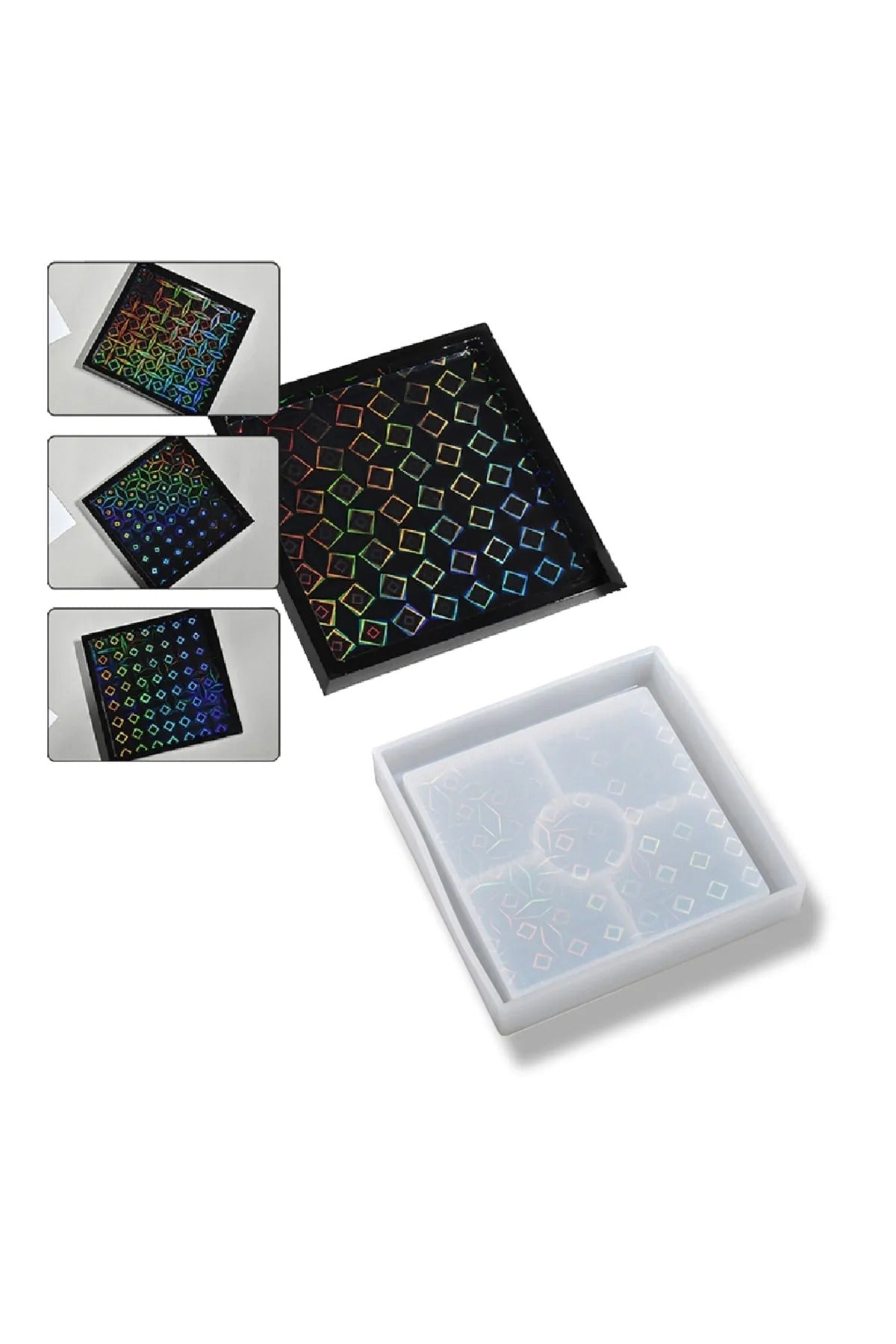 Epoksi Hologramlı Kare Tabak Bardak Saksı Altlığı Ve Çerezlik Silikon Kalıbı