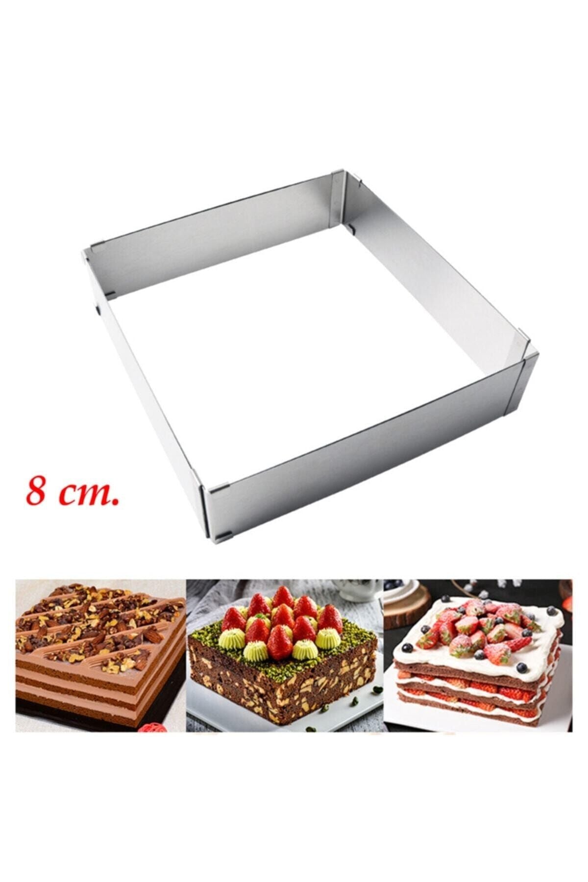 Kare Ayarlanabilir 8 Cm Paslanmaz Çelik Kek Pasta Pandispanya Kalıbı Çemberi.