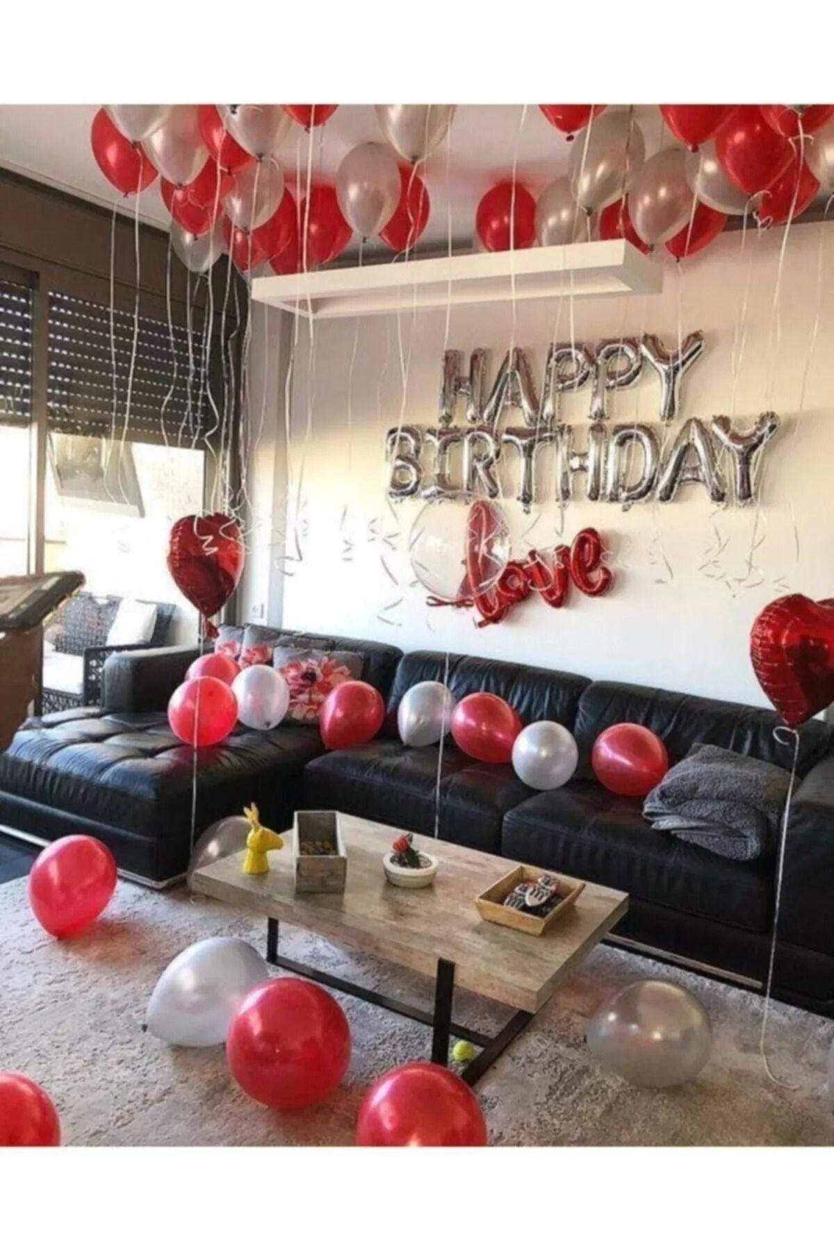 Kırmızı Gümüş Happy Birthday Balon Sevgili Set