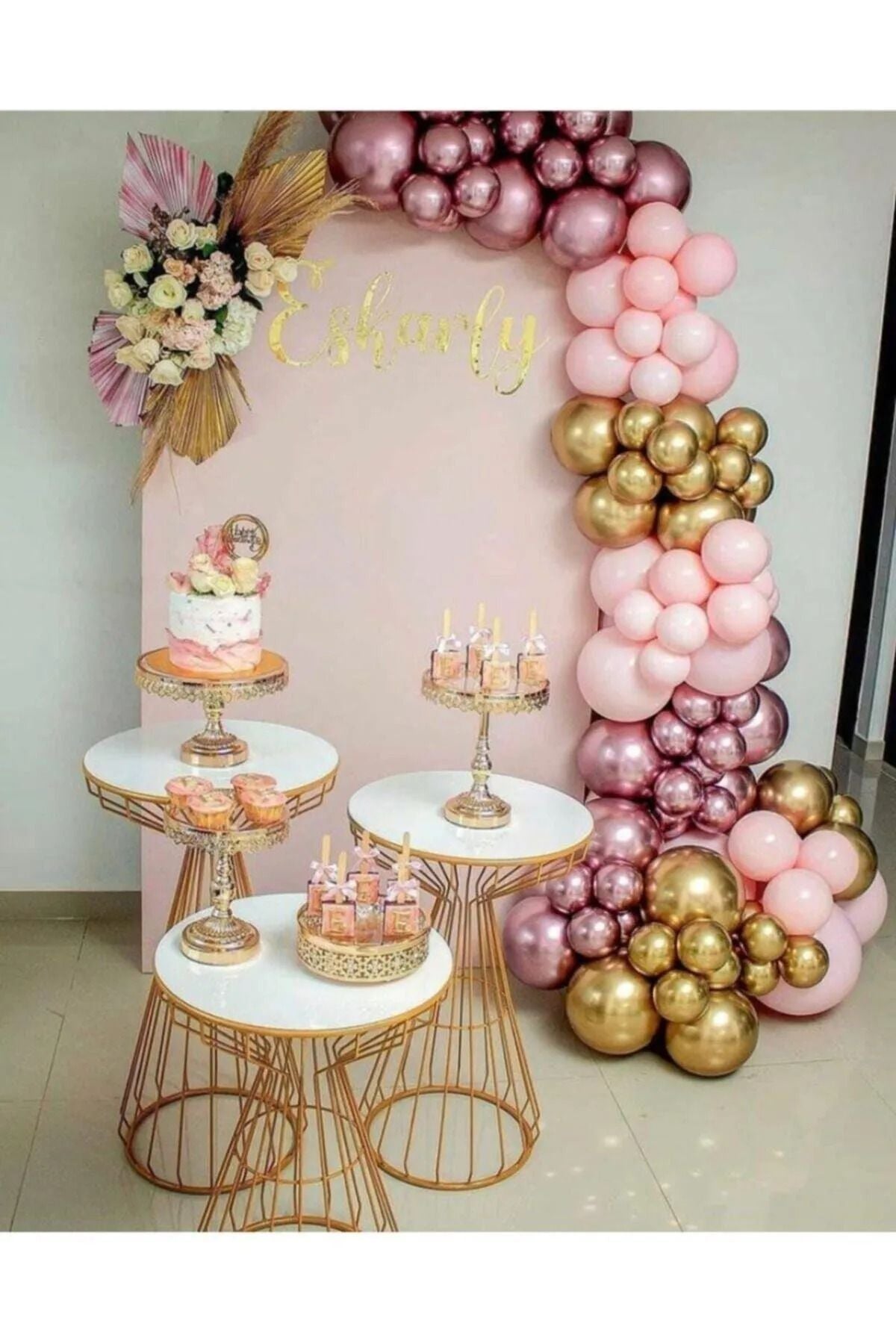 Pembe Balon Temalı Doğum Günü Nişan Kına Bridge Balon Zincir