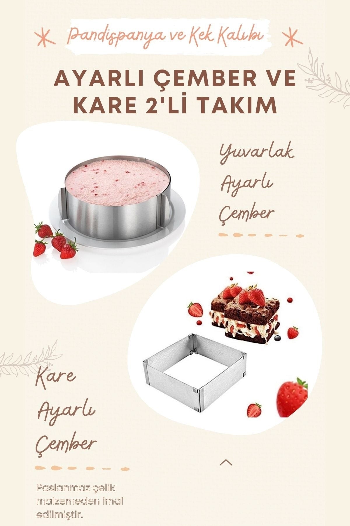 Ayarlanabilir Kare Yuvarlak Kek Kalıbı 2'li Takım 4'lü Dekoratör Pratik Set