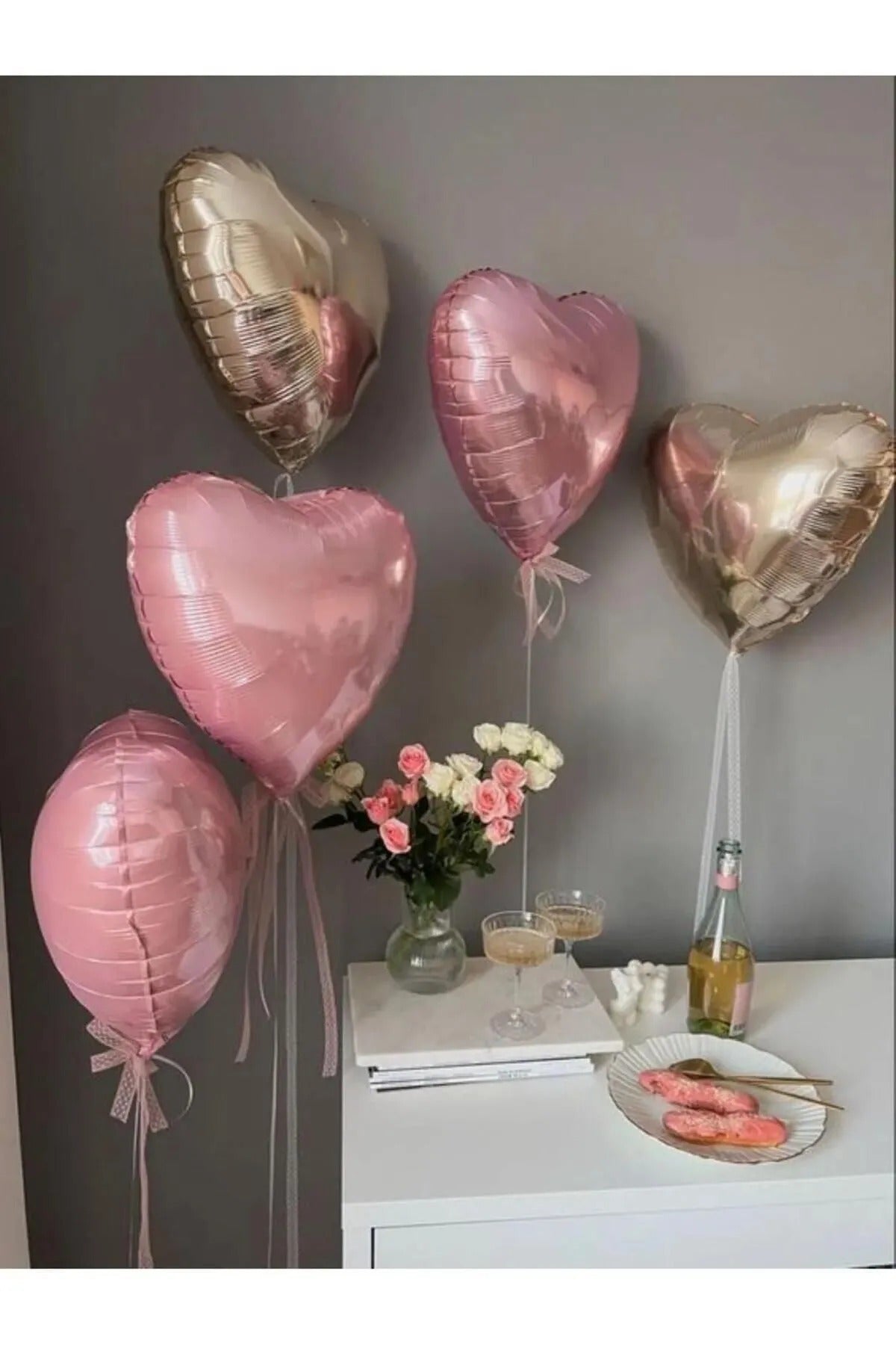 Pembe ve Rose Gold Kalp Folyo Balon 5 Adet 18 inç 45 cm Doğum Günü Balon Seti