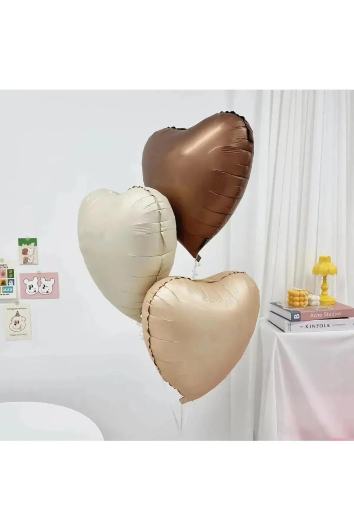 Retro Pastel Krem Karamel Çikolata Renk Kalp Balon Seti 3 Adet Doğum Günü Seti