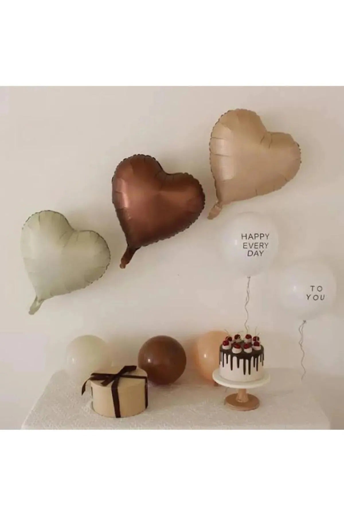 Retro Pastel Krem Karamel Çikolata Renk Kalp Balon Seti 3 Adet Doğum Günü Seti