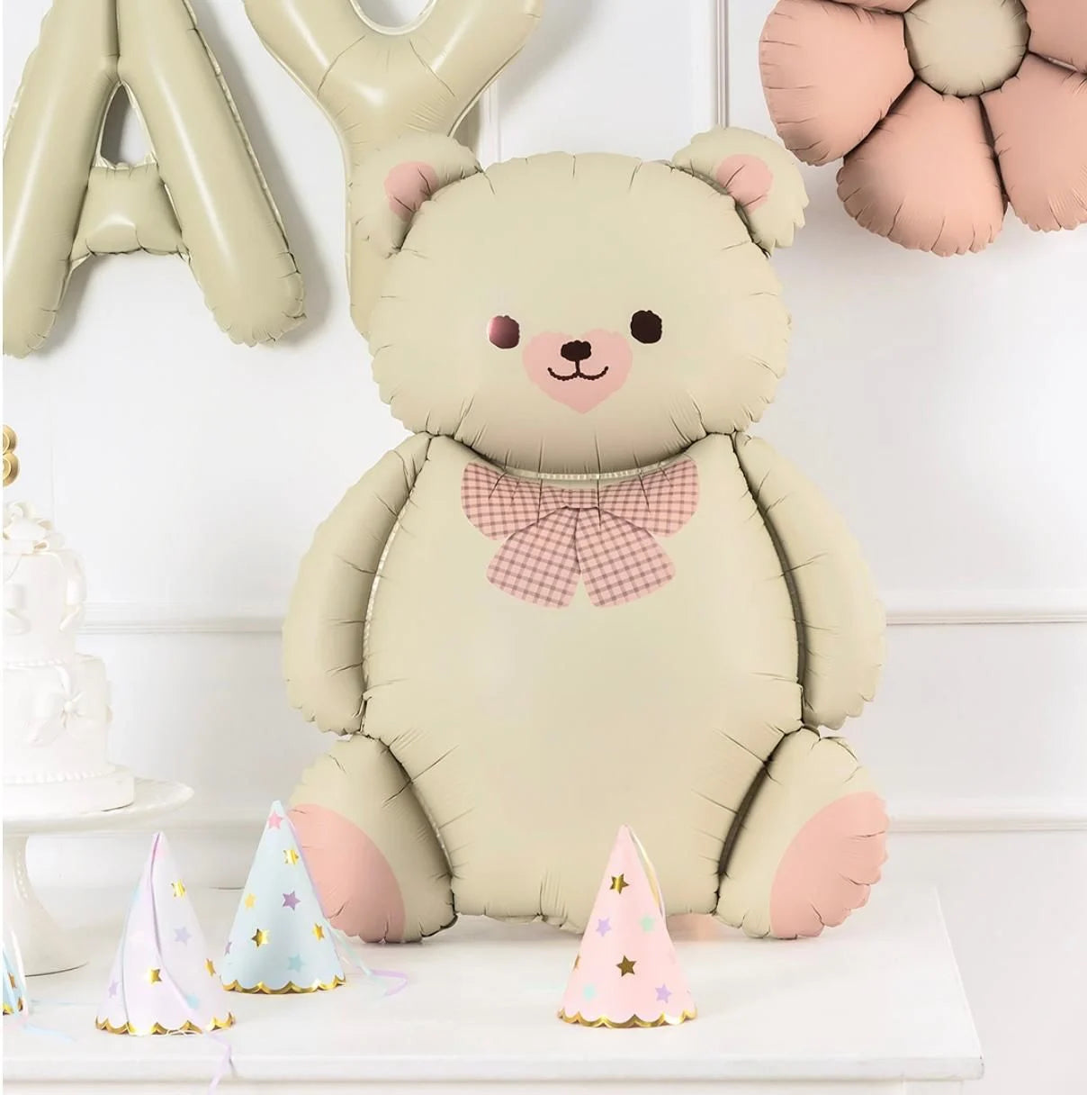 Papyonlu Saten Sevimli Ayıcık Folyo Balon Krem Renk