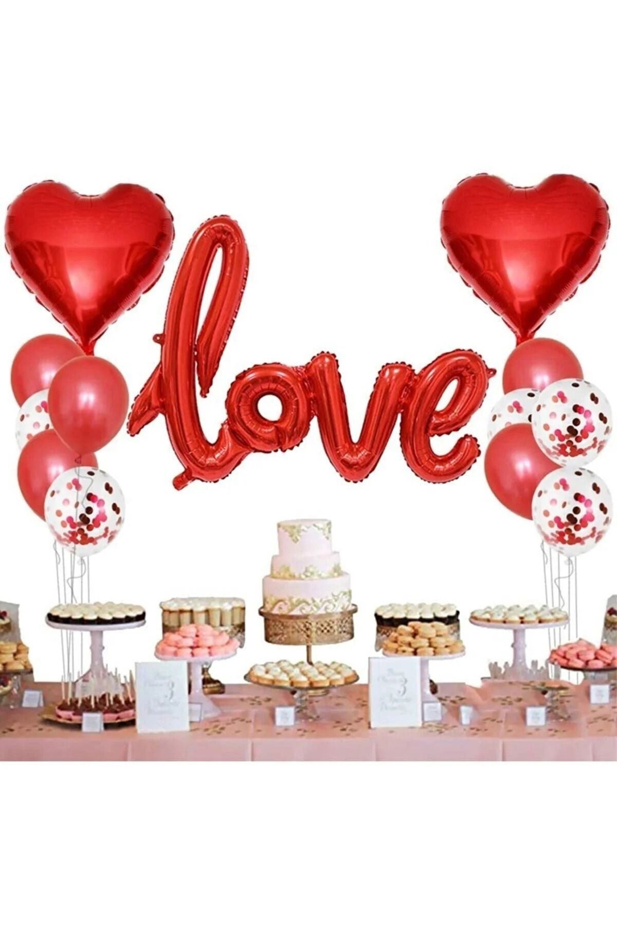 Sevgililer Günü 14 Şubat Dekorasyon Seti, Kalp Folyo Ve Şeffaf Konfetili Balon Set