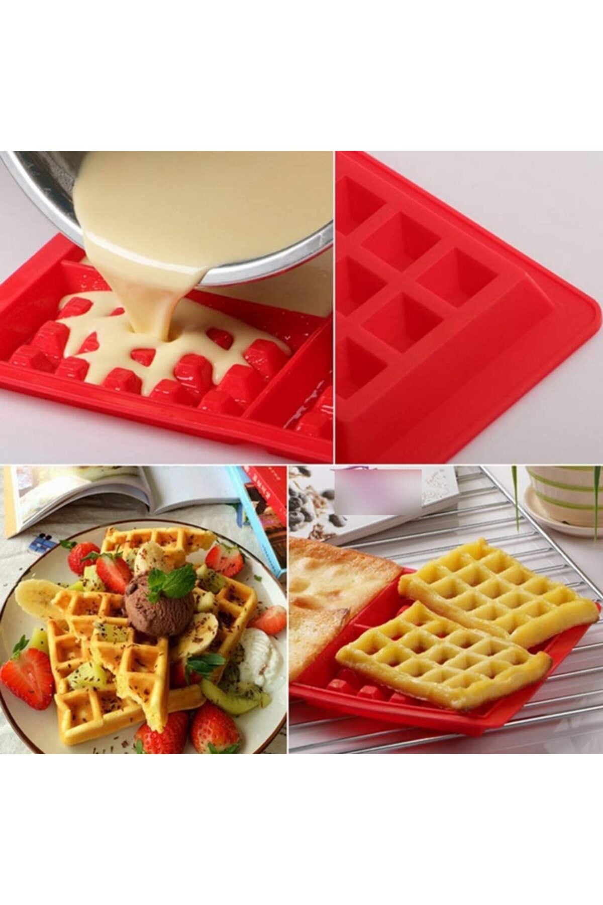 Waffle Dikdörtgen Desen Kırmızı Silikon Kalıbı