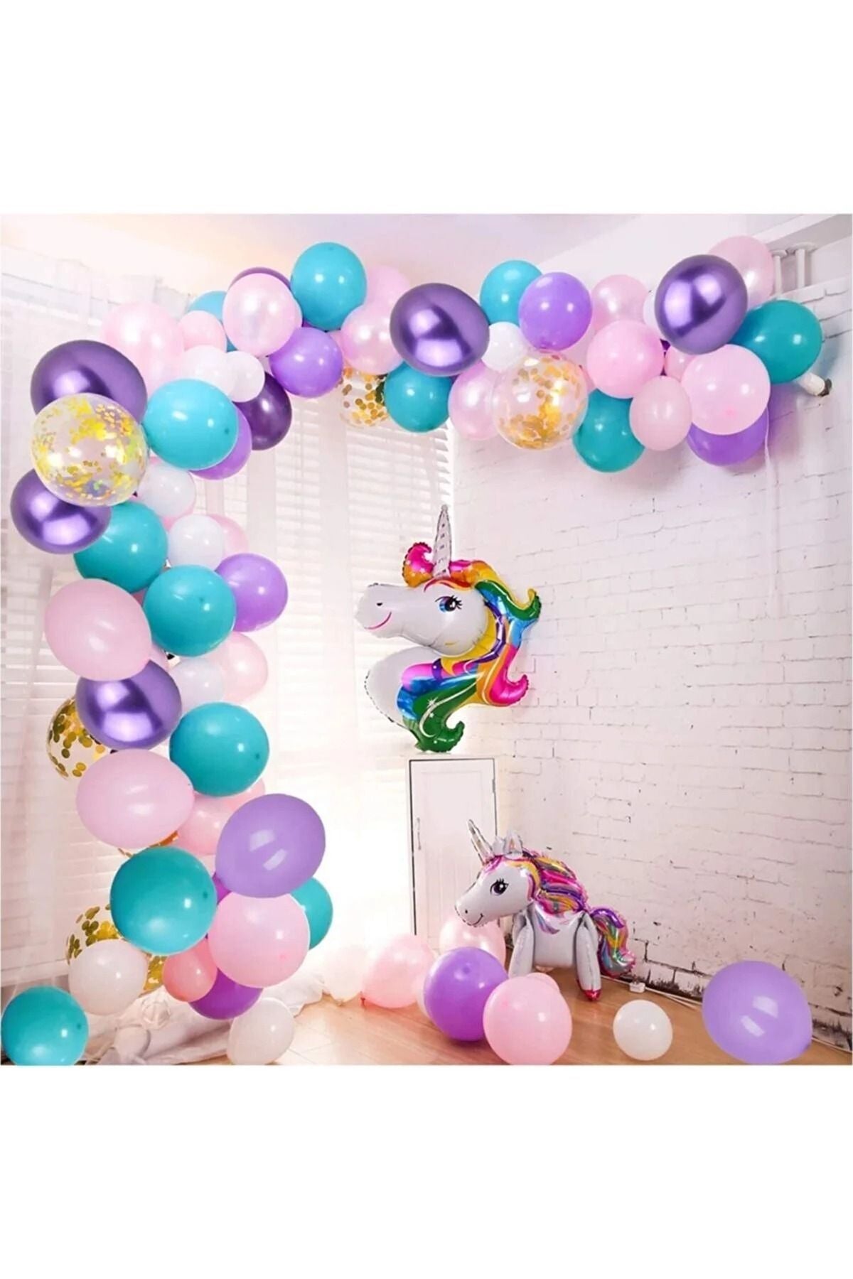 Unicorn Deniz Kızı Temalı Doğum Günü Konfetili Balon Zinciri