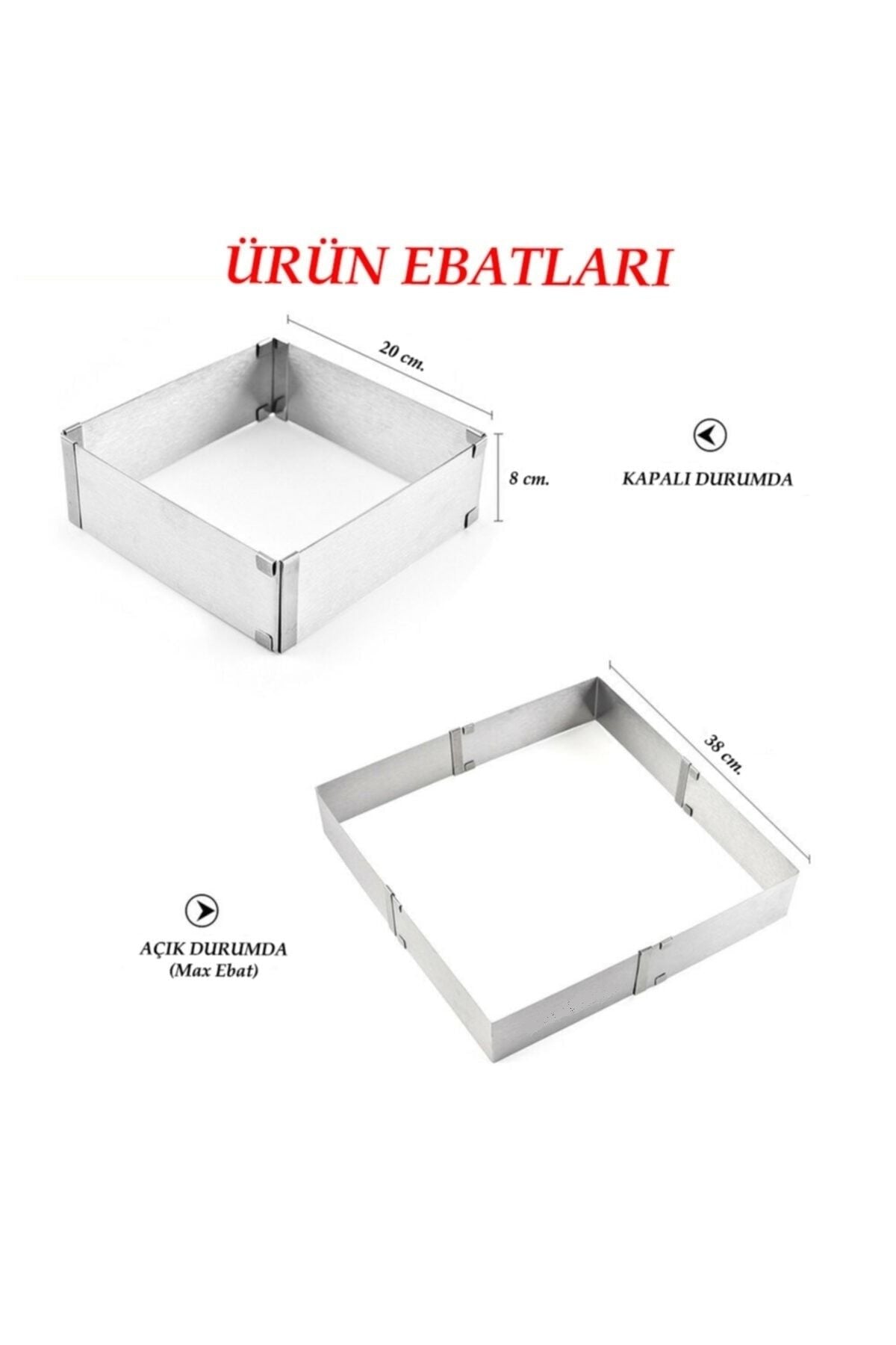 Kare Ayarlanabilir 8 Cm Paslanmaz Çelik Kek Pasta Pandispanya Kalıbı Çemberi.
