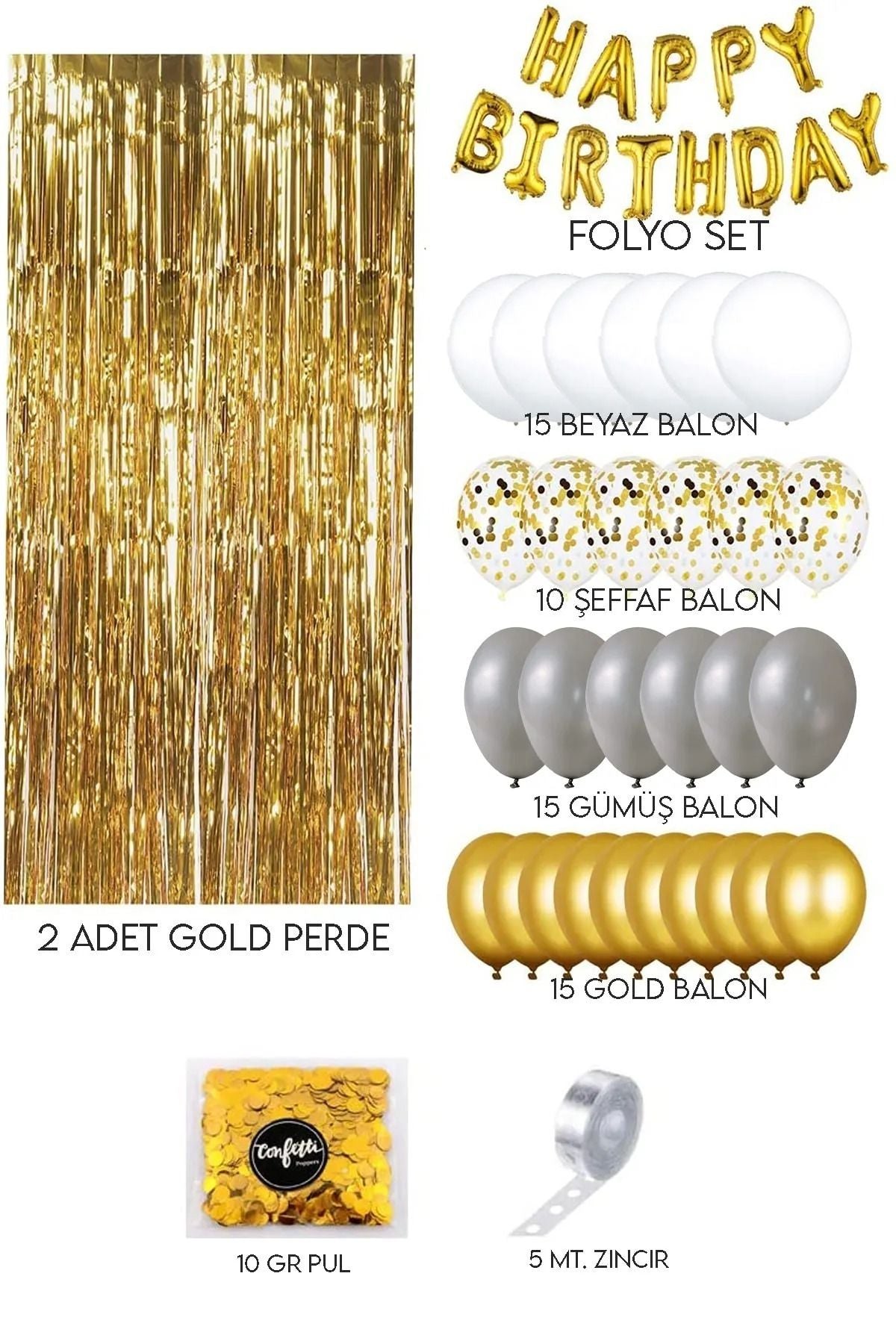 Gold Happy Birthday Yetişkin Parti Set Gold Beyaz Gri Metalik Balon Zincir