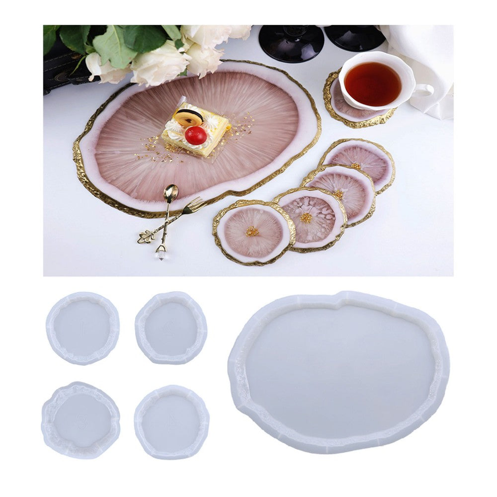 Epoksi Büyük Kristal Köşeli Tepsi ve Bardak Altı Kalıbı Silikon Kalıbı 5'li Set (36.3×26.8 CM)