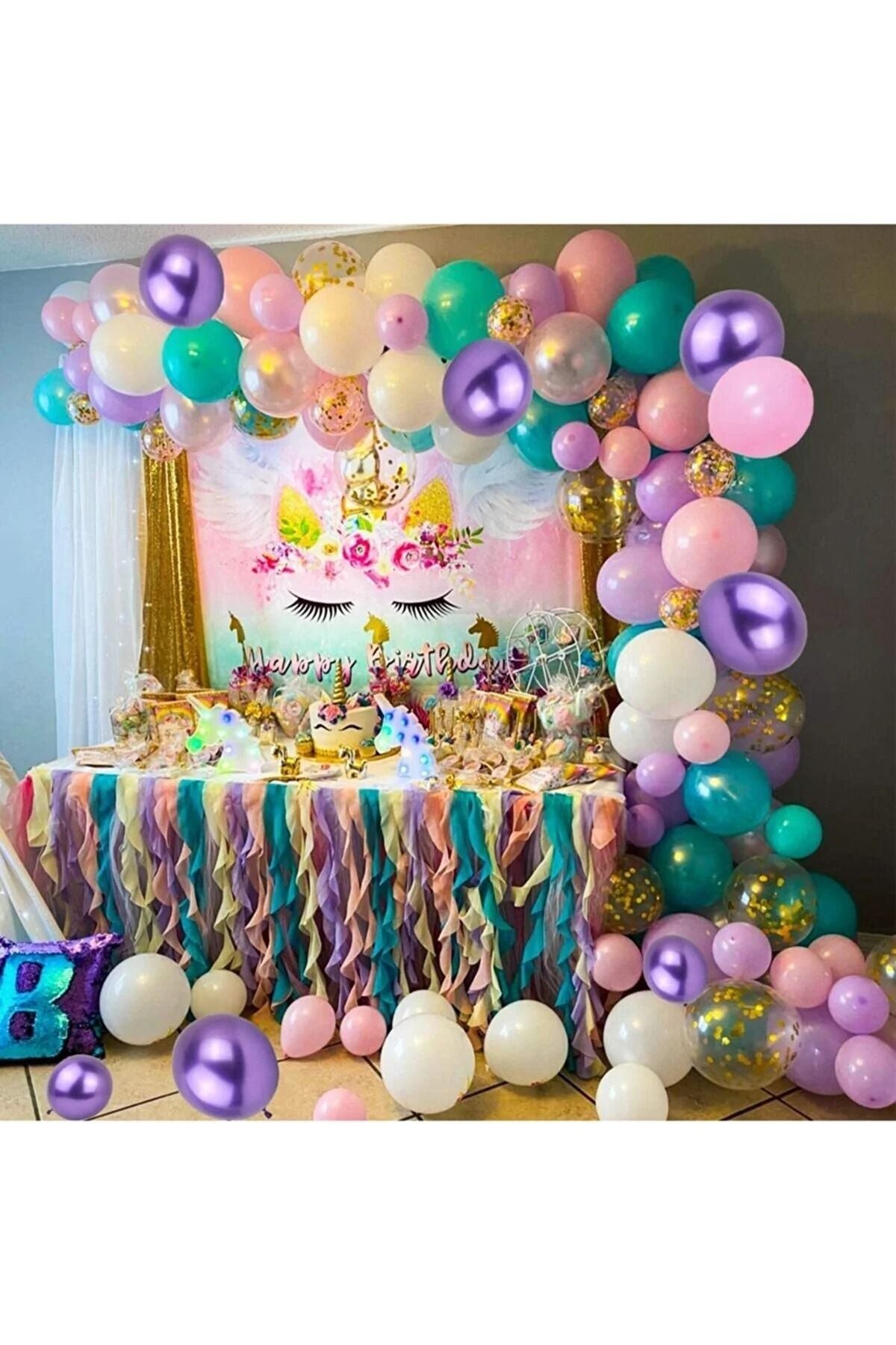 Unicorn Deniz Kızı Temalı Doğum Günü Konfetili Balon Zinciri