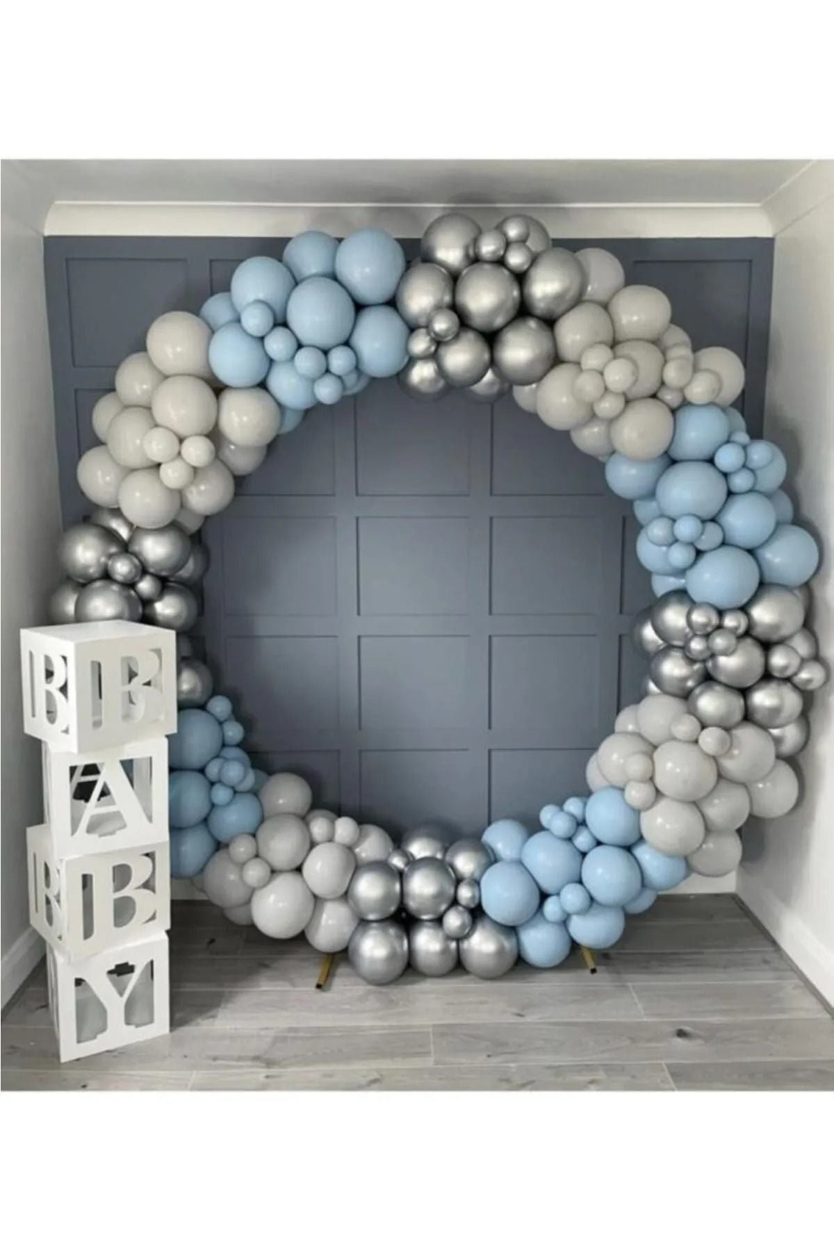 Krom Gümüş Pastel Duman Fırtına Mavisi Doğum Günü Balon Zinciri