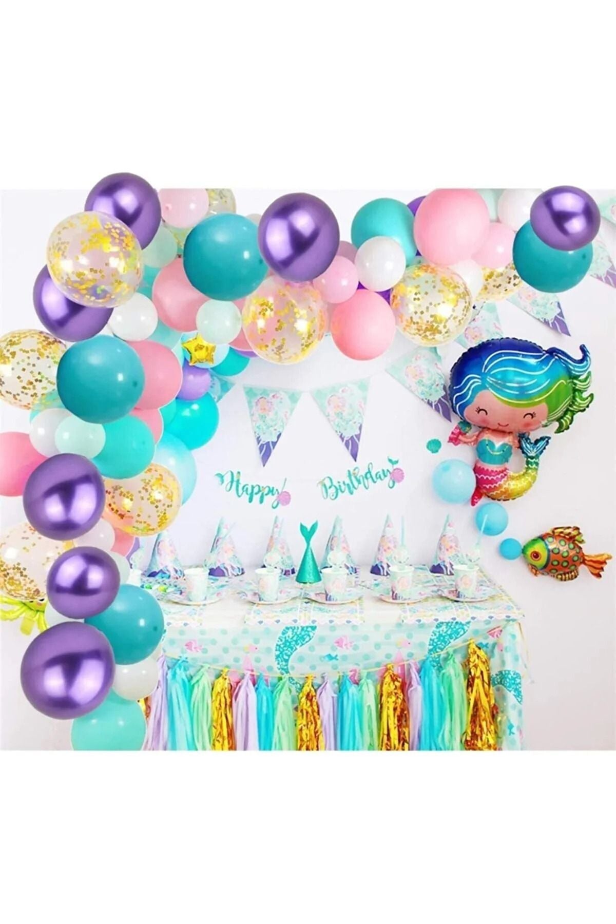Unicorn Deniz Kızı Temalı Doğum Günü Konfetili Balon Zinciri