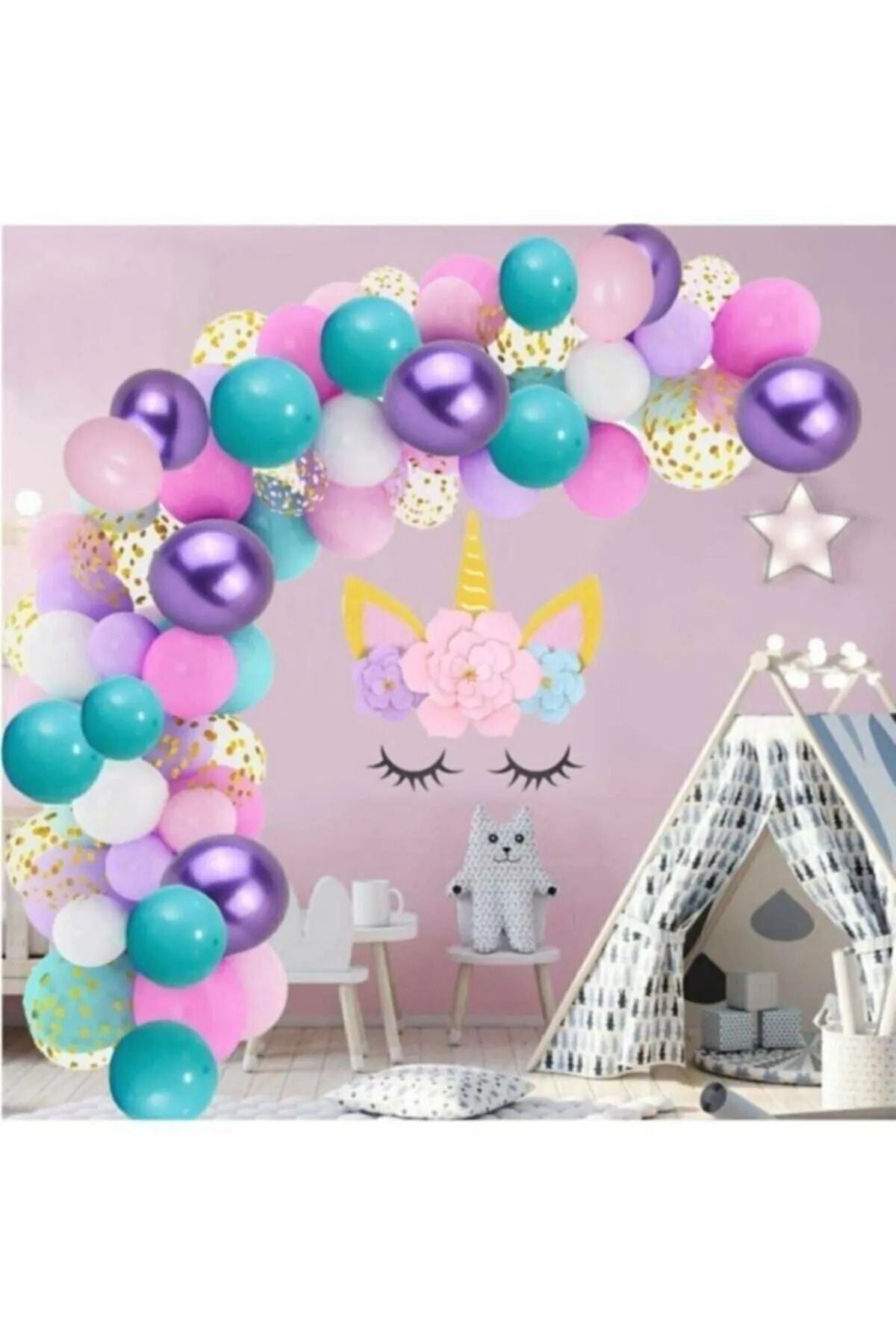 Unicorn Deniz Kızı Temalı Doğum Günü Konfetili Balon Zinciri