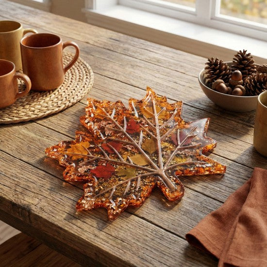 Epoksi Damar Detaylı Çınar Yaprağı Bardak Altlığı Kalıbı 13 CM