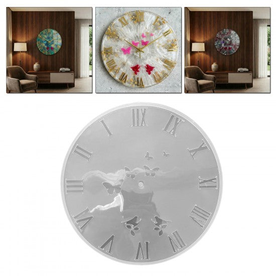 Epoksi Kelebek ve Kuş Desenli Roma Rakamlı Saat Kalıbı 30 CM